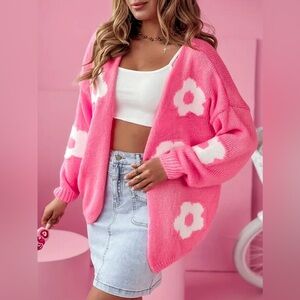 New Vibrant Floral Pattern Open Front V-Neck Cardigan - pink (Size 6/Medium)